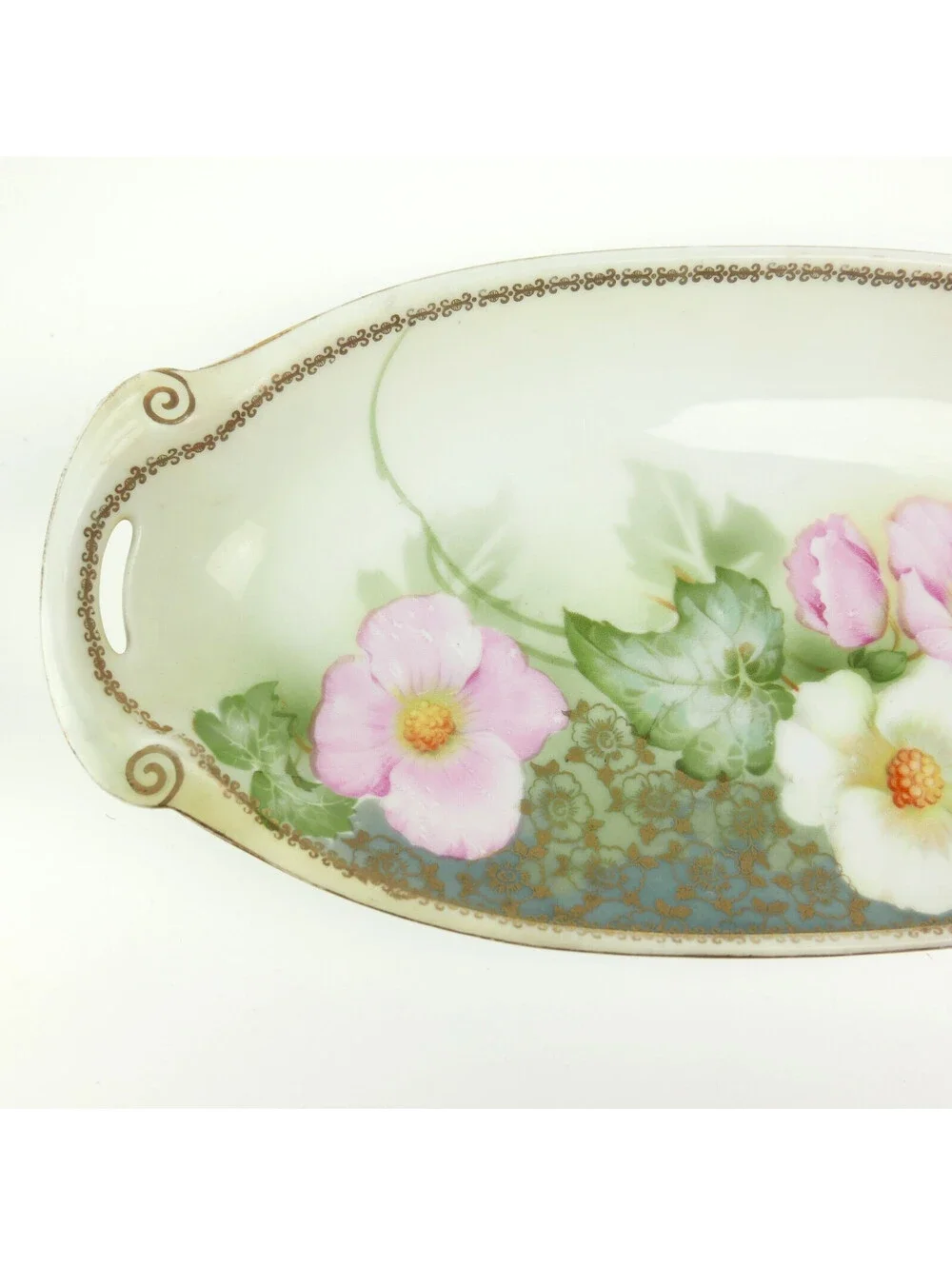 Antique RS Germany Porcelain Celery Dish Relish Tray Hand Painted Flowers Pink